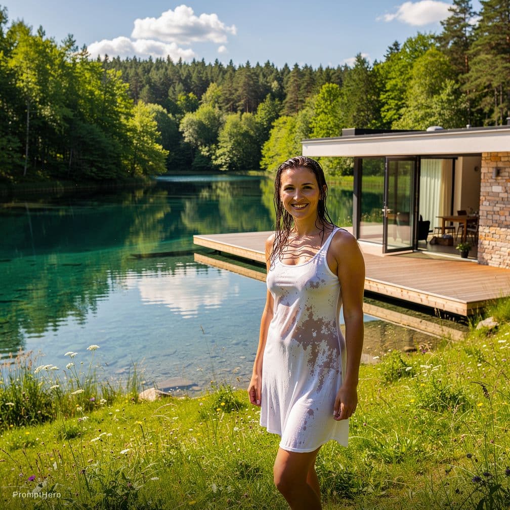 AI generated: A realistic, high-resolution photograph. The woman stands next to a beautiful house. The natural lak...