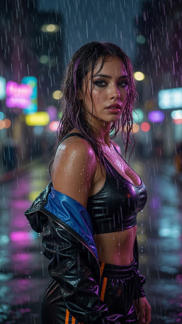 AI generated: Ultra-realistic photography of a breathtaking athletic young woman standing in heavy rain at night, ...