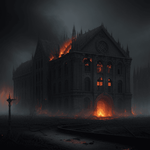 AI generated: dark ambient, realistic, fantasy, chaos, --burning building 4k realistic free art with strokesar 3:4...