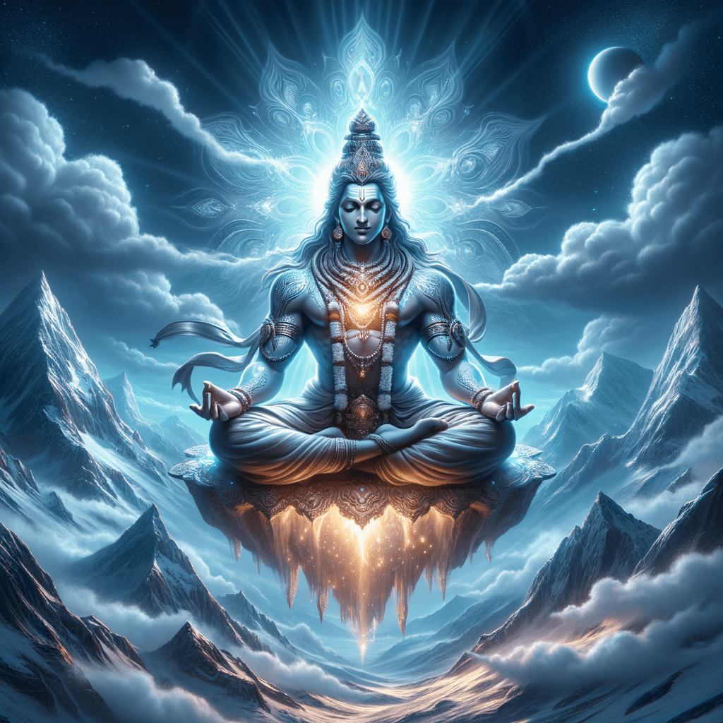 AI generated: "Generate an image of god shiva, the Hindu deity, depicted seated in meditation atop Mountain. Show ...