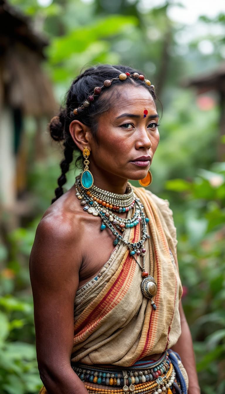 AI generated: High resolution photography of a female Kyowa Indian with typical jewelry and typical clothing in ty...