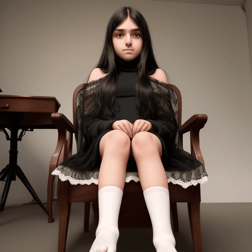 AI generated: 18-year-old, a girl, blush, black shawl long hair, side, black halter lace group,white socks, no sho...