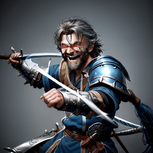 AI generated: character portrait of a grizzled swordsman in the middle of a fight, laughing swashbuckler, wielding...