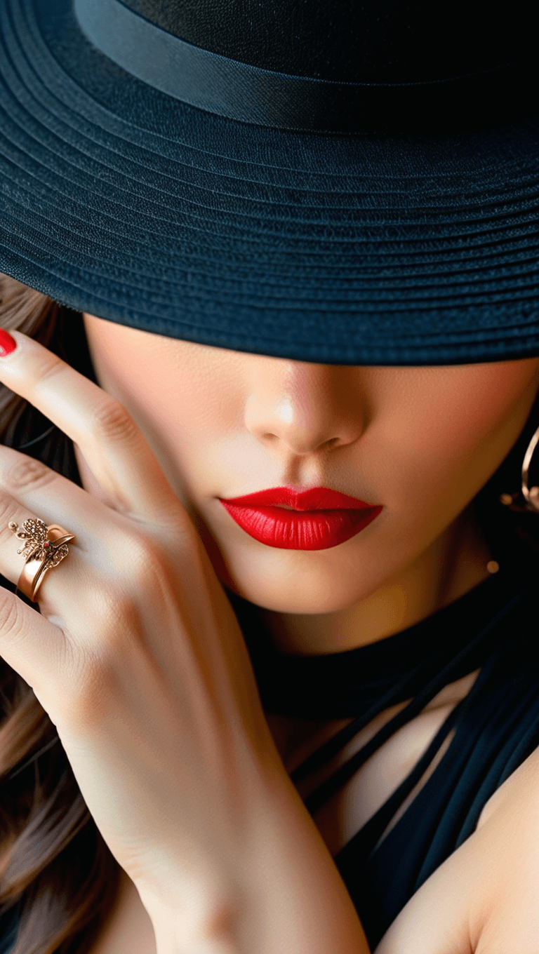 AI generated: Extreme close-up, photograph of, a woman wearing a hat, tilting her head down. Her eyes are hidden b...