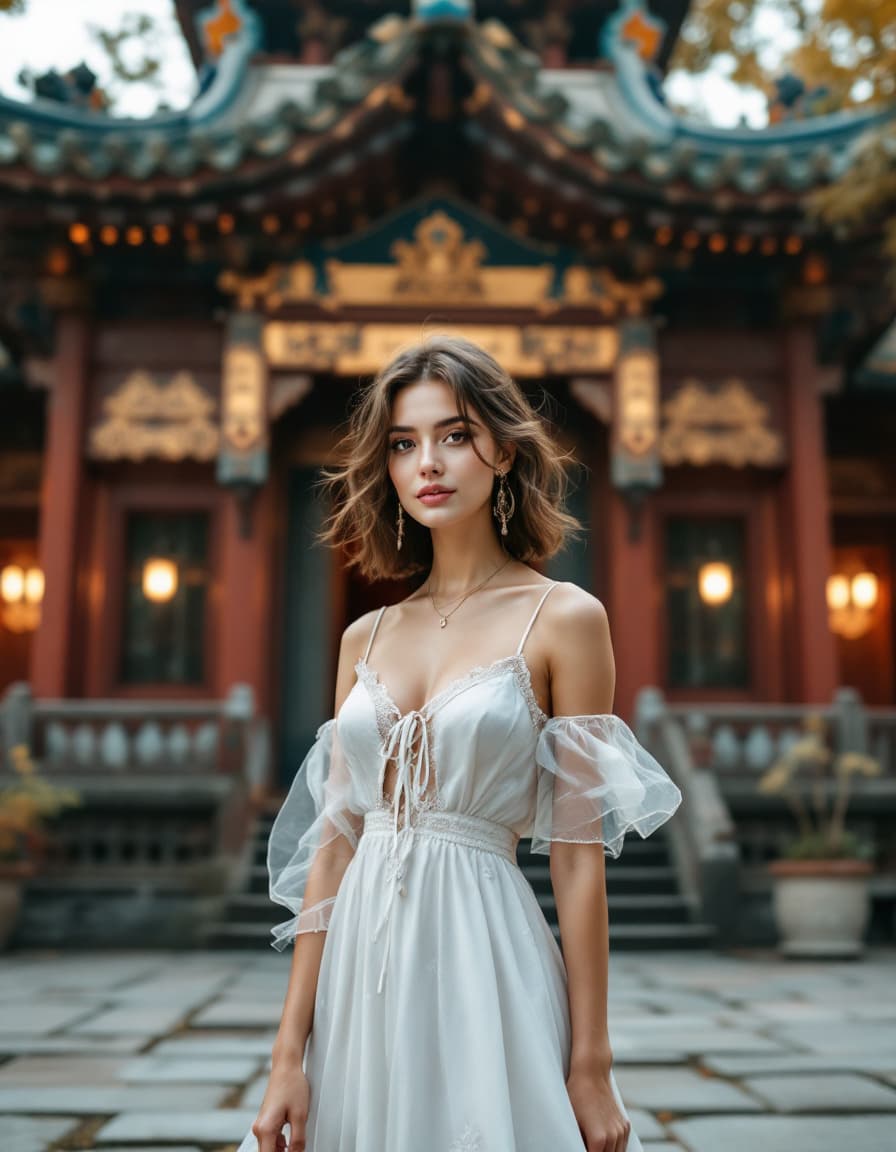 AI generated: beautiful 25yo women standing alone wearing short dress in front of a temple 