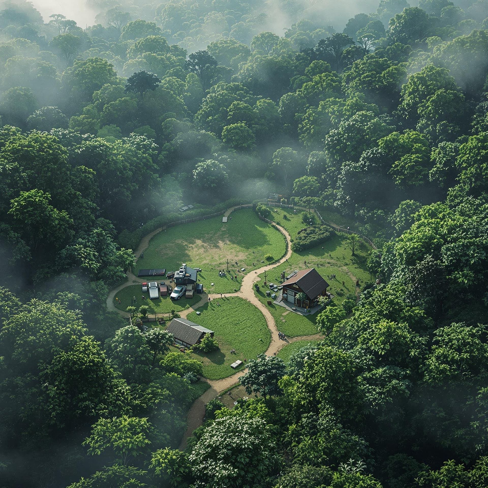 AI generated: drone recon shot of an enemy base in the middle of a jungle