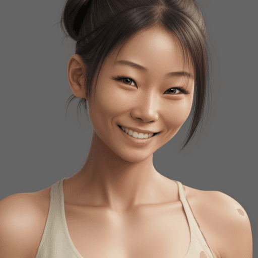 AI generated: Photo of a ultra realistic bare woman, Asian, hair tied in bun, smiling 