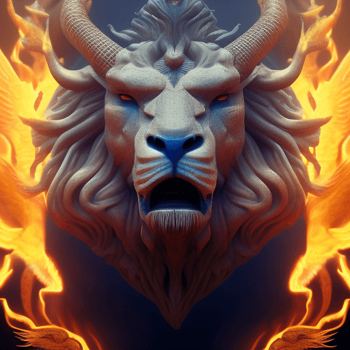 AI generated: Ezekiel 1:1, creature close-up portrait angle, full-length portrait, 4 heads in one, lion head, huma...