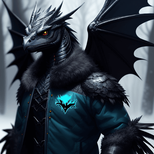 AI generated: handsome cute black dragon in snowy forest, wearing cyberpunk Batman jacket blue dark, dnd character...