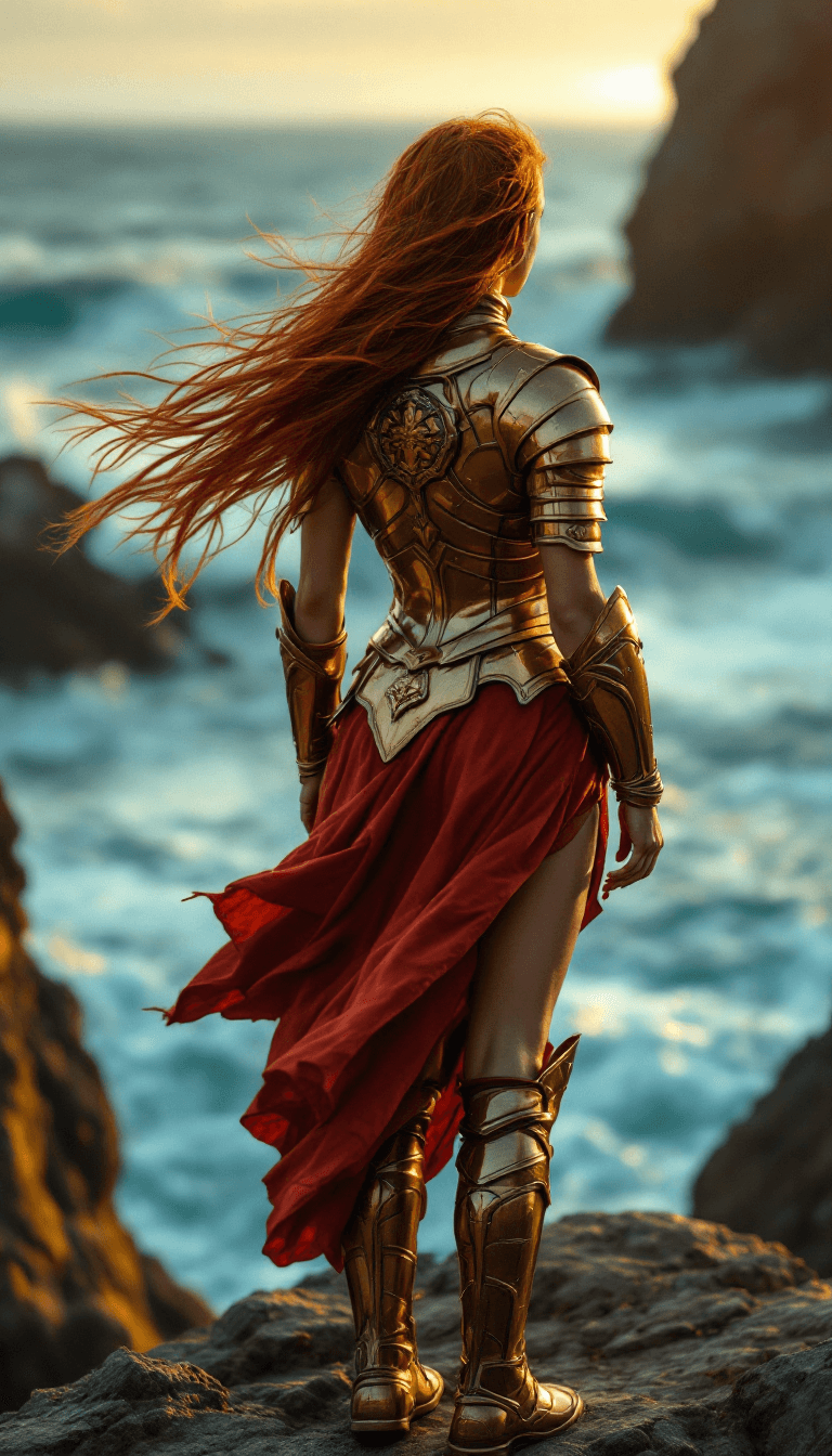AI generated: Rear view, hyper-realistic, full-length shot.  A woman standing on a windswept cliff at sunset. The ...