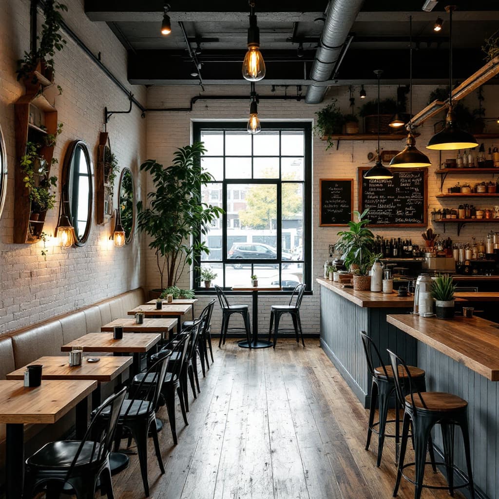 AI generated: The inside image of a small one floor restaurant in New York that serves comfort food. Use wooden ta...