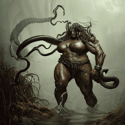 AI generated: Amazing portrait of a beautiful hypermuscled massive body very huge chest dark savage barbarian woma...