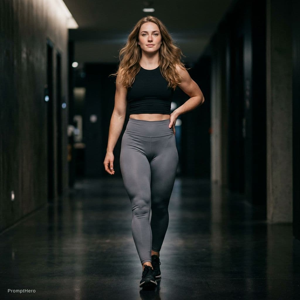 AI generated: Ultra-realistic full body photograph of a confident athletic woman walking forward in a dimly lit in...