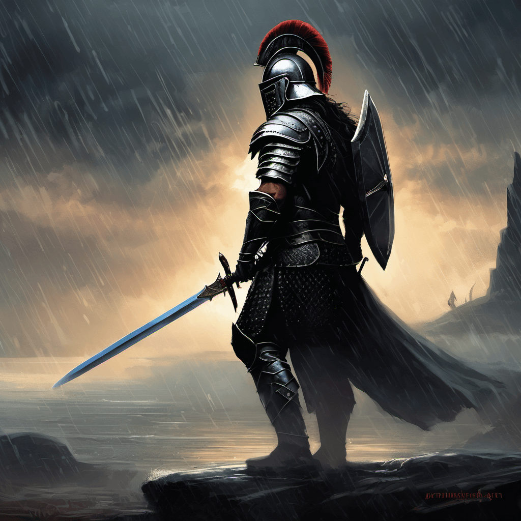 AI generated: stunning illustration of a legendary gladiator, heavy black medieval armor, masked face, horned helm...