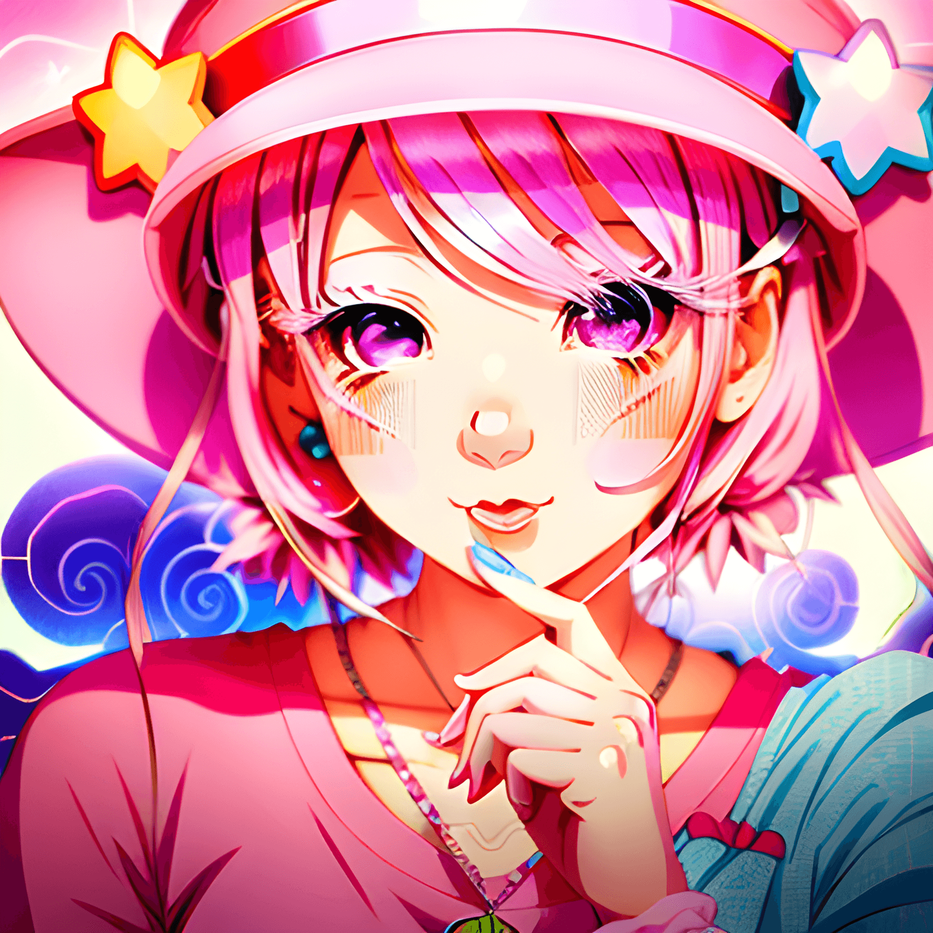 AI generated: anime girl with pink hair and a pink hat holding a finger to her lips, decora inspired illustrations...