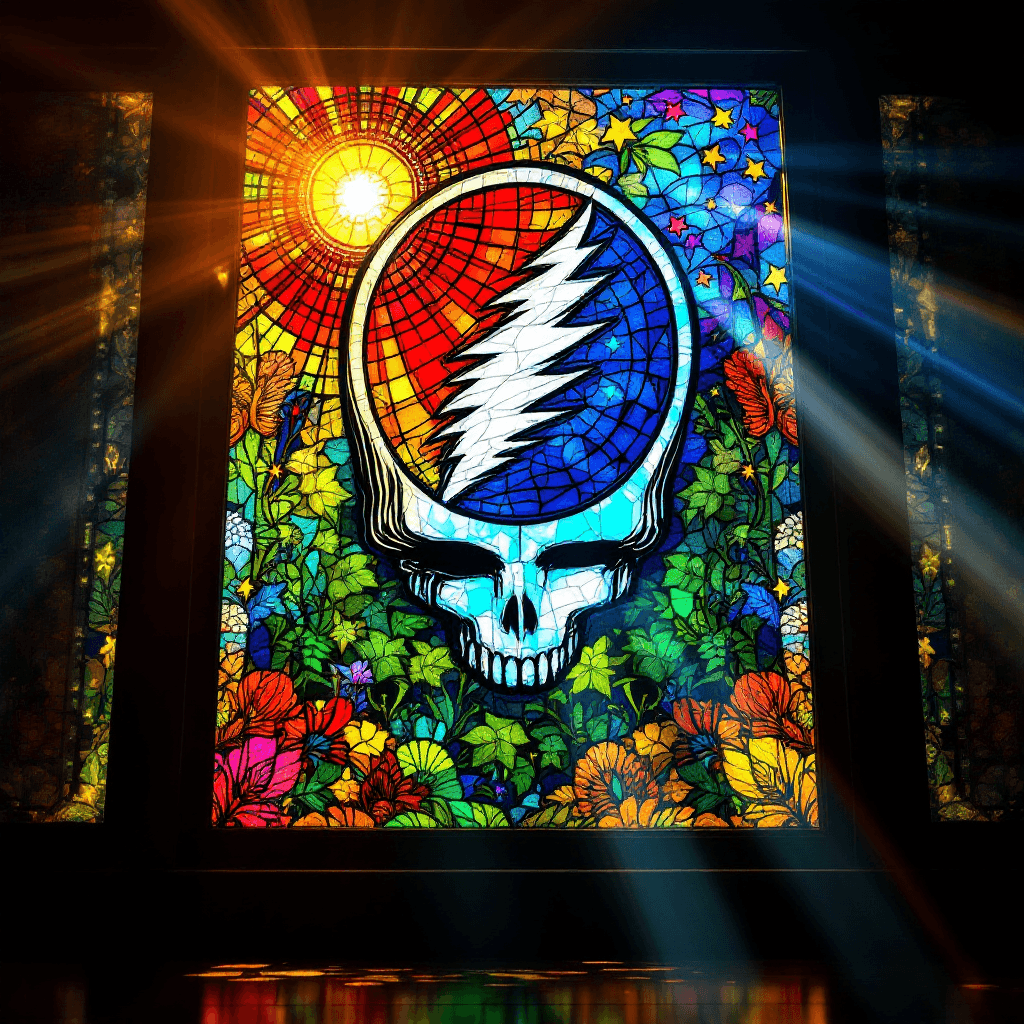 AI generated: a vibrant stained glass art piece of the Grateful Dead’s steal your face logo, Rays of sunlight shin...