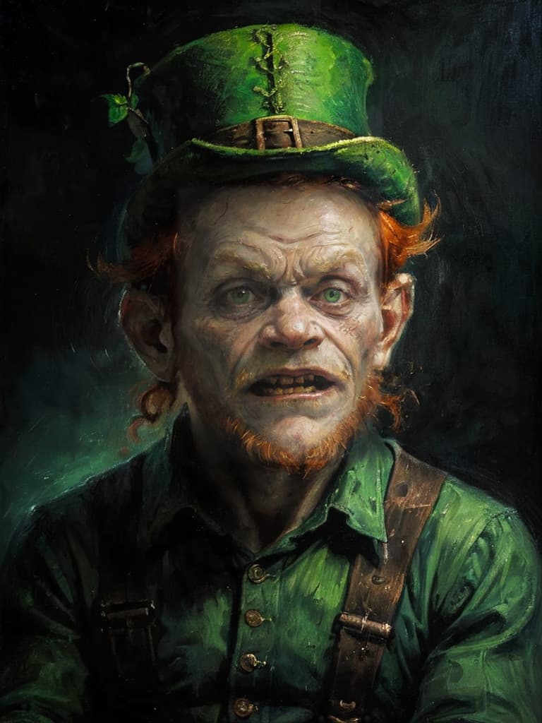 AI generated: A photo of a mischievous leprechaun, wrinkled facial features, prominent green colors, cinematic, me...