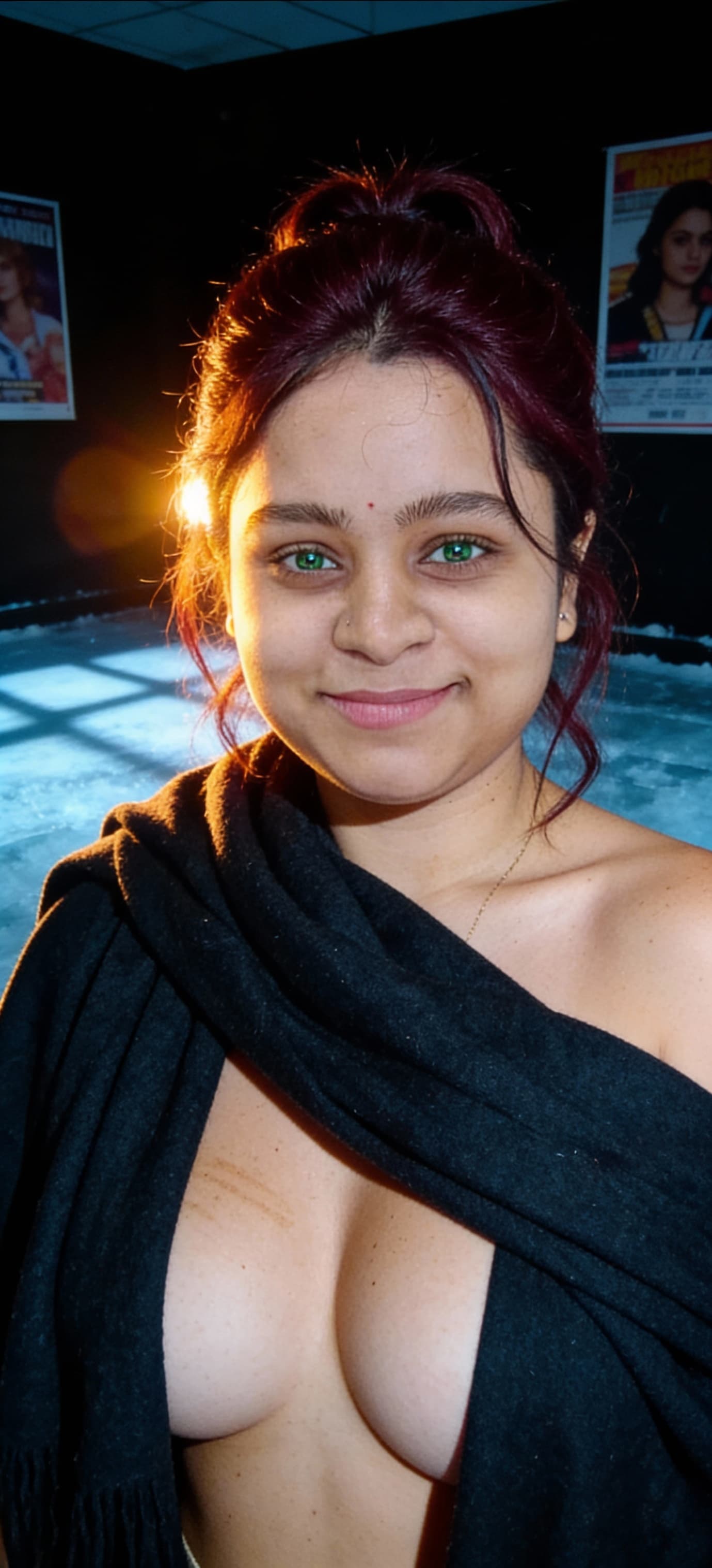 AI generated: A gritty 90s style flash photograph of a woman with pale skin and above average cup sizeand dark bur...