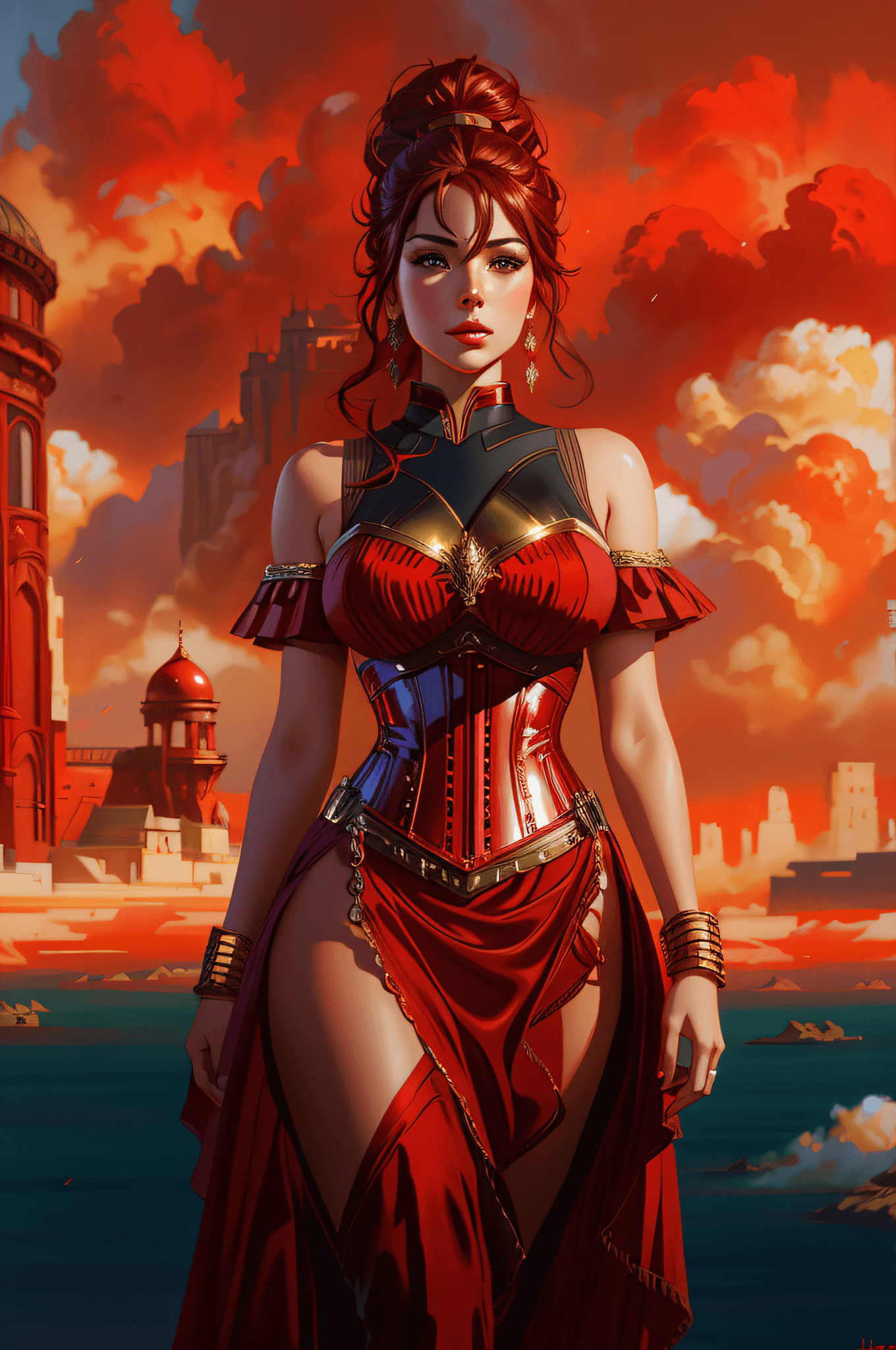 AI generated: arafed woman in a red corset and a red dress, karol bak uhd, alena aenami and artgerm, fantasy woman...