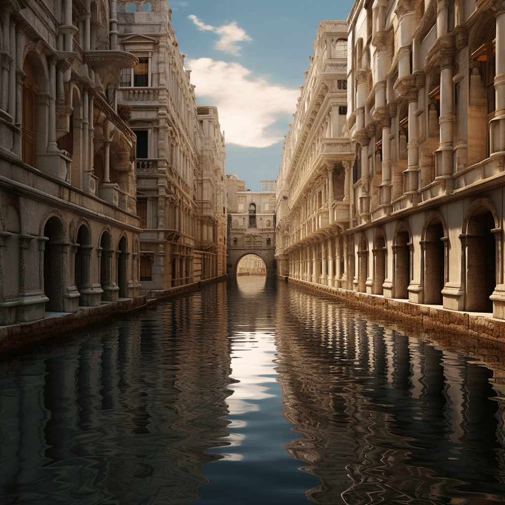 AI generated: venice's aqueduct on day with reflection of light, in the style of tokina at-x 11-16mm f/2.8 pro dx ...