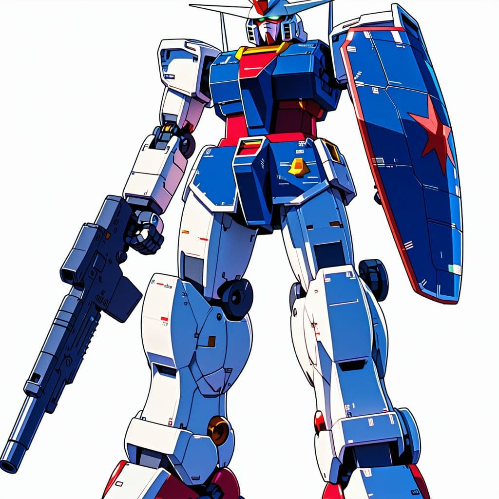 AI generated: illustration of RX-78-2 Gundam, with shield and weapon, in the style of Kunio Okawara, anime, Mobile...