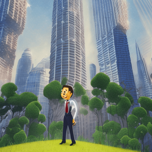 AI generated: An illustration of a small, happy man in formal attire, preferably wearing a royal blue suit, standi...