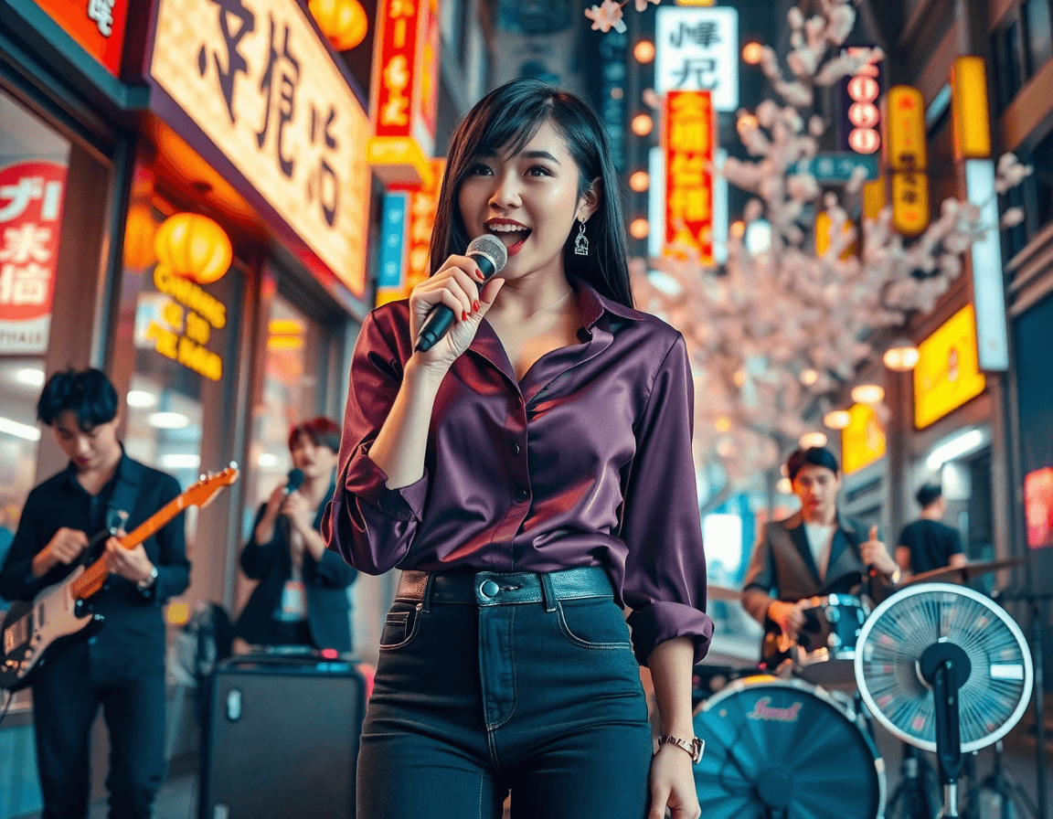 AI generated: Professional high quality photography of a bold female japanese stunning Asian singer with sleek, bl...