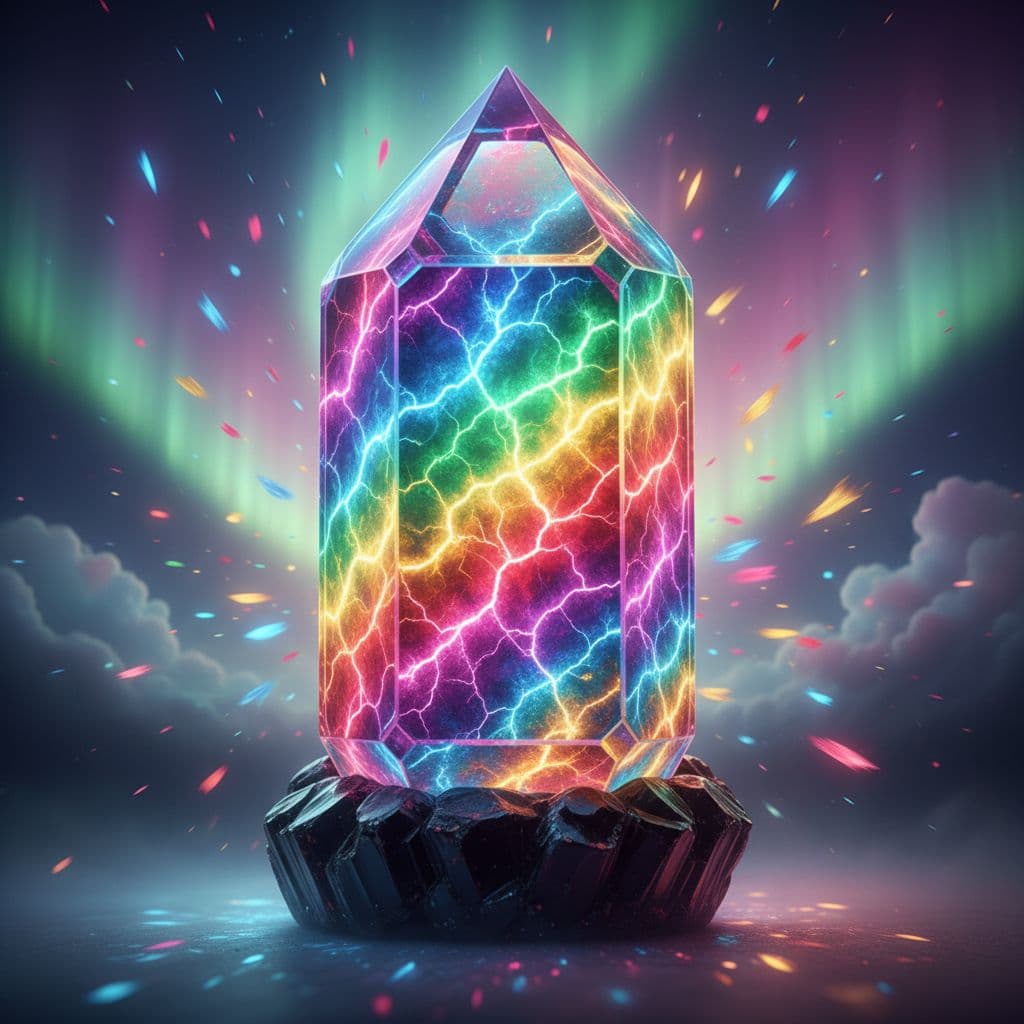 AI generated: Clear crystal that looks like it was struck by lighting thousands of times and every time it was a n...