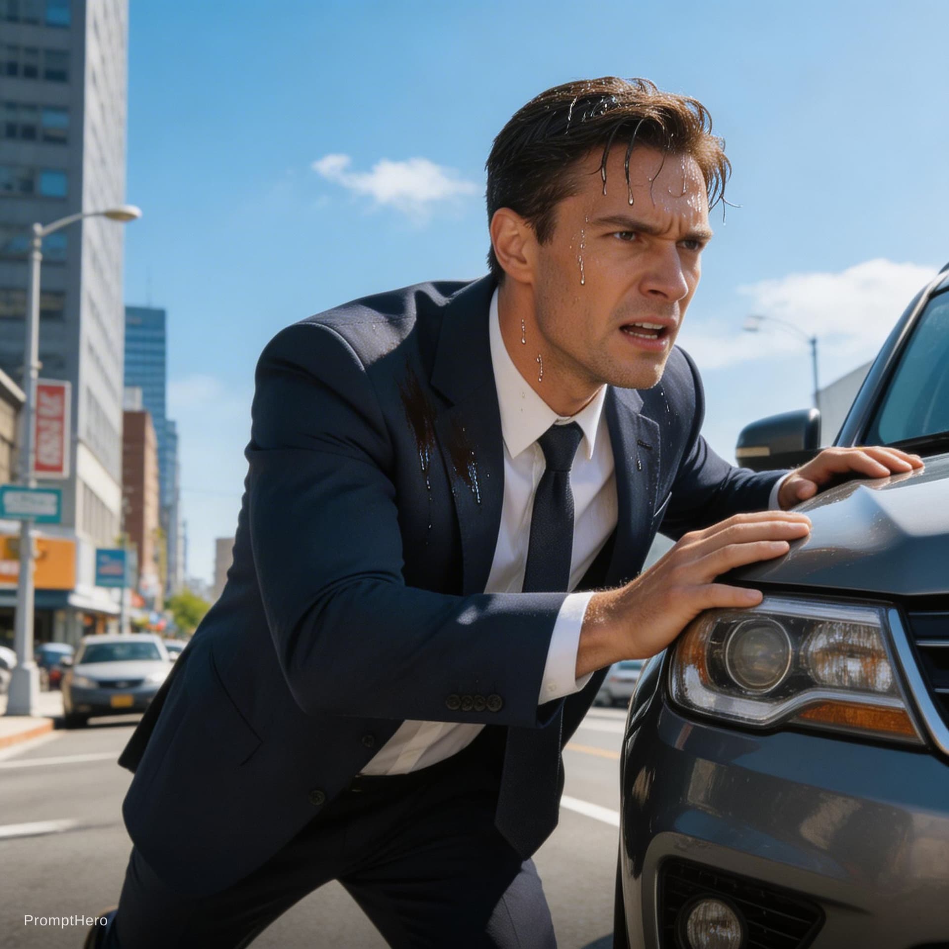 AI generated: A man is pushing a suv car wearing a formal uniform with a tie and is covered in sweat, the weather ...