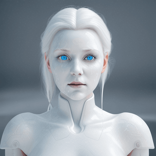 AI generated: high quality, high key, all white, photorealistic, beautiful, ghostly white cyborg woman with emotiv...