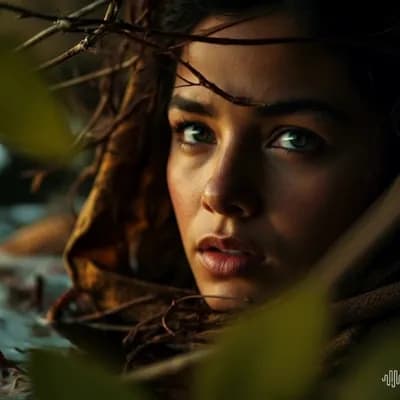 AI generated video: 

"A woman, partially submerged in water, slowly moves through a dense, shadowy environment. Her f...