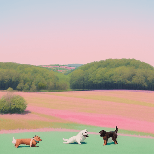 AI generated: Landscape with beautiful pink and blue sky nad green grasses, dogs playing with their person