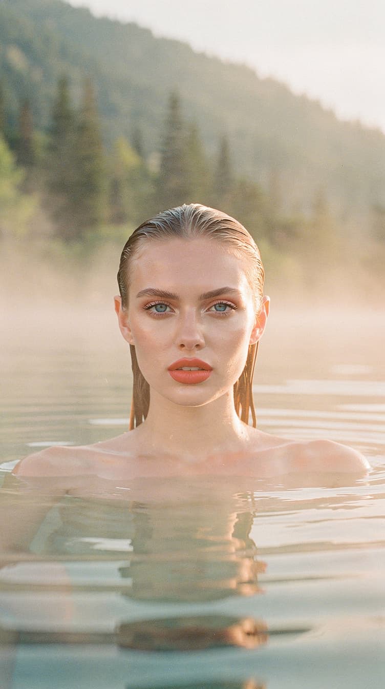 AI generated: "A vertical portrait image with soft golden hour light pastel colours. A lithe supermodel with fair ...