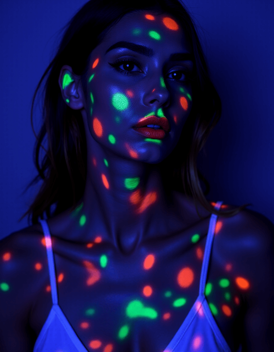 AI generated: woman portrait, UV lighting, black light, glowing effects, ultraviolet, UV light, ultra-violet light...