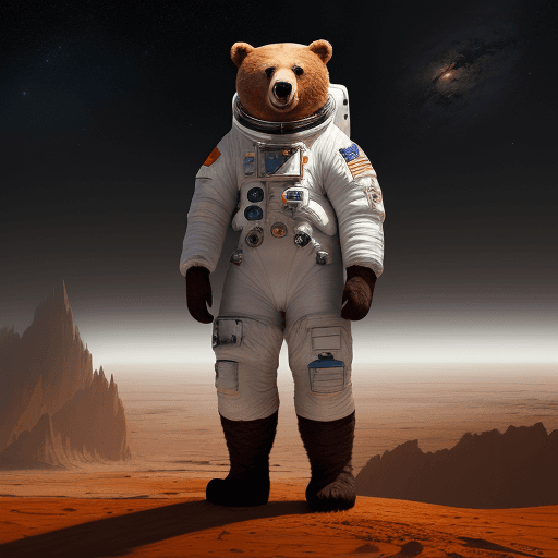 AI generated: a bear is in space suit, standing in the dirt, in the style of fantasy art, dark white and dark oran...