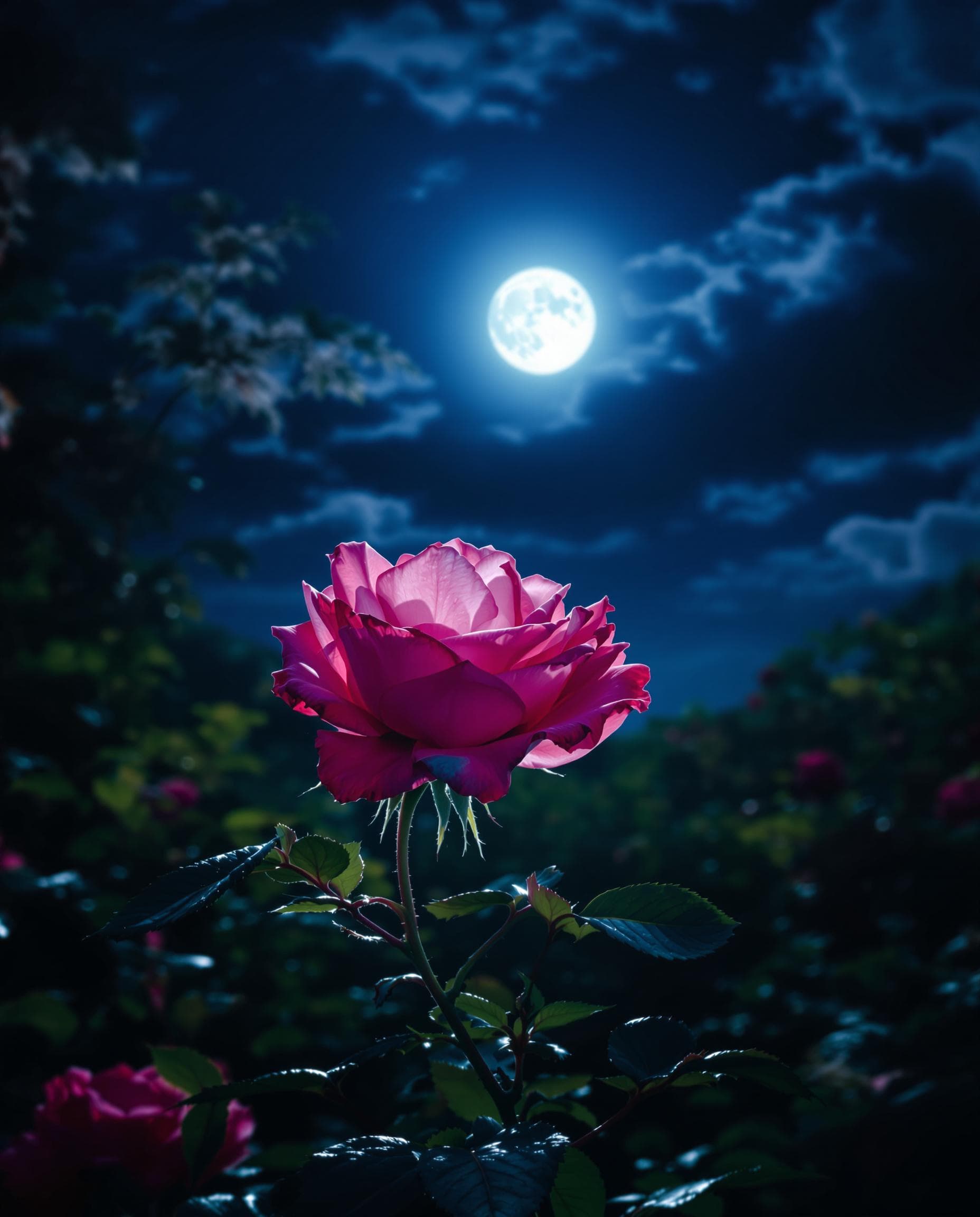 AI generated: A beautifull rose was shining in the dark night shining moon beautifull nature scene