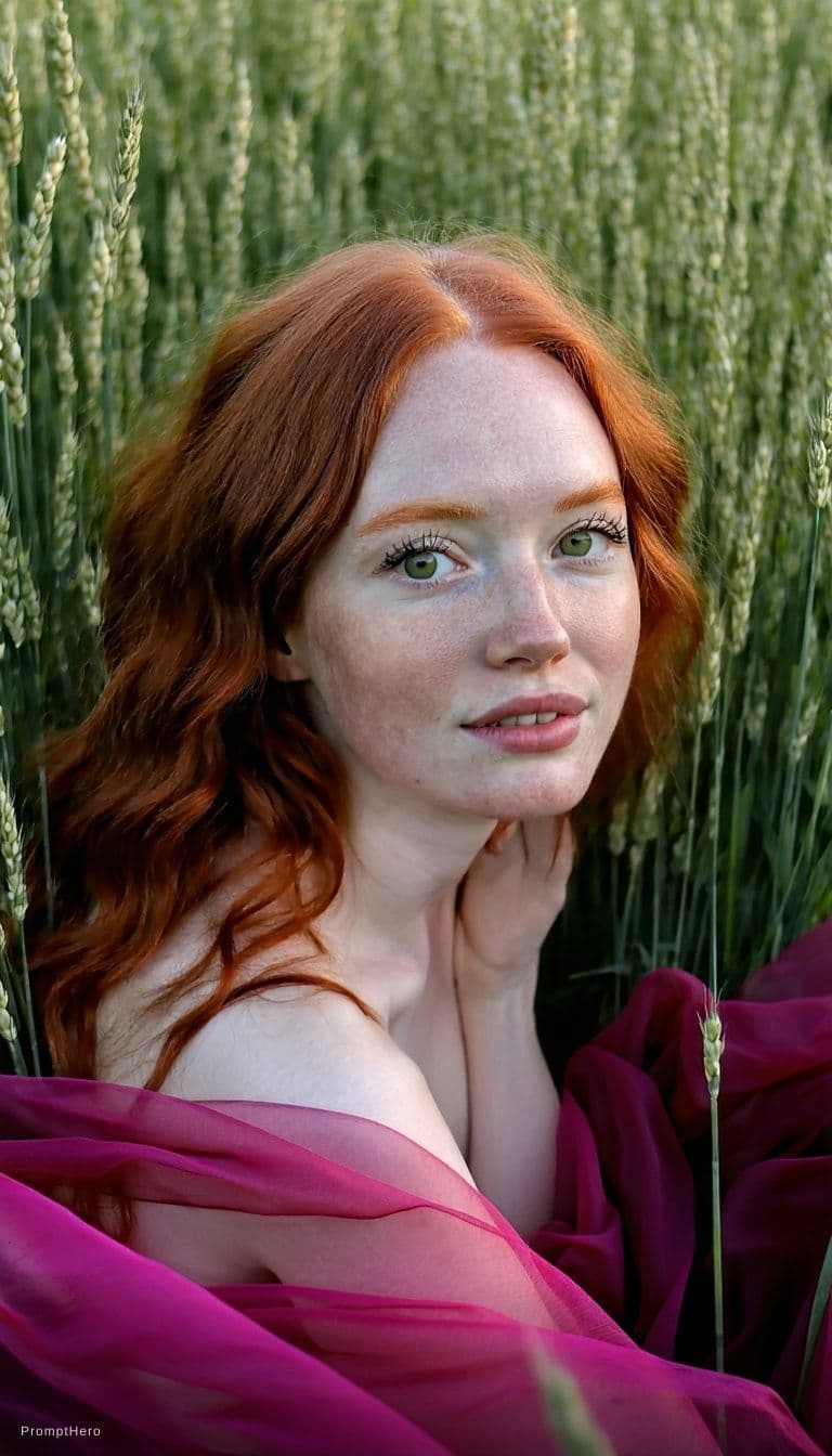 AI generated: A photorealistic portrait of a woman with vibrant, fiery red, wavy hair, seated in a field of tall g...