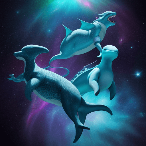 AI generated: hyper realistic and colorfull dolpin swimming in cosmic space next to a evil dragon with dancing pro...
