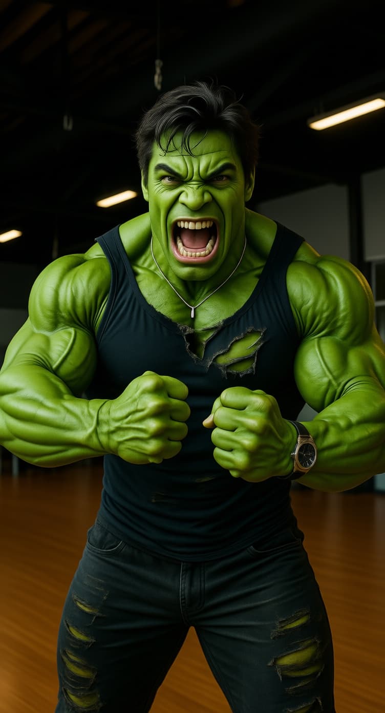 AI generated: 
机翻 · 通用领域
A character who combines the characteristics of the Hulk, covered in green skin, with a...