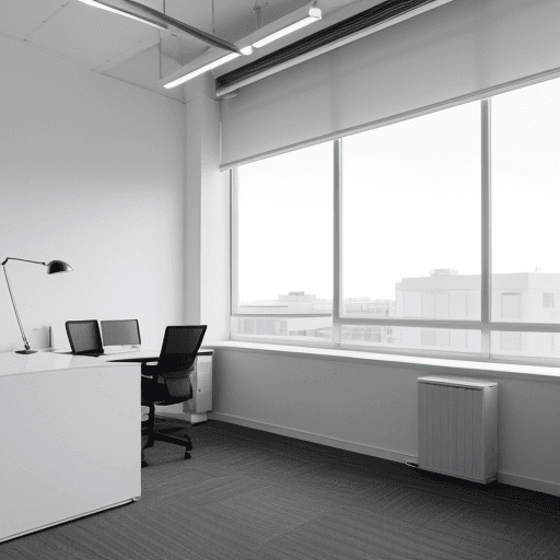 AI generated: real estate agent on financial firm office, minimalist and elegant, contemporary style, cool-toned l...