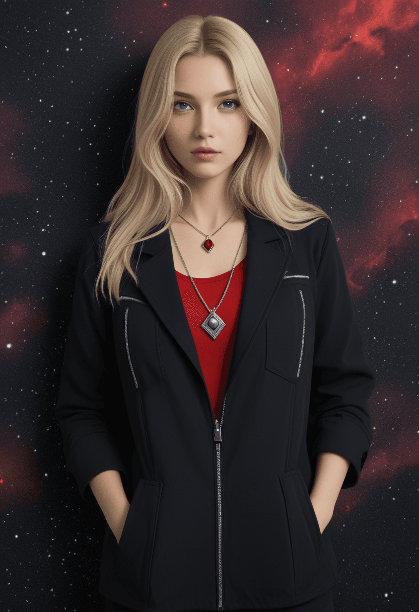 AI generated: Alien-themed Stylized portrait of a woman with long blonde hair,black lace bralette,black jacket,han...