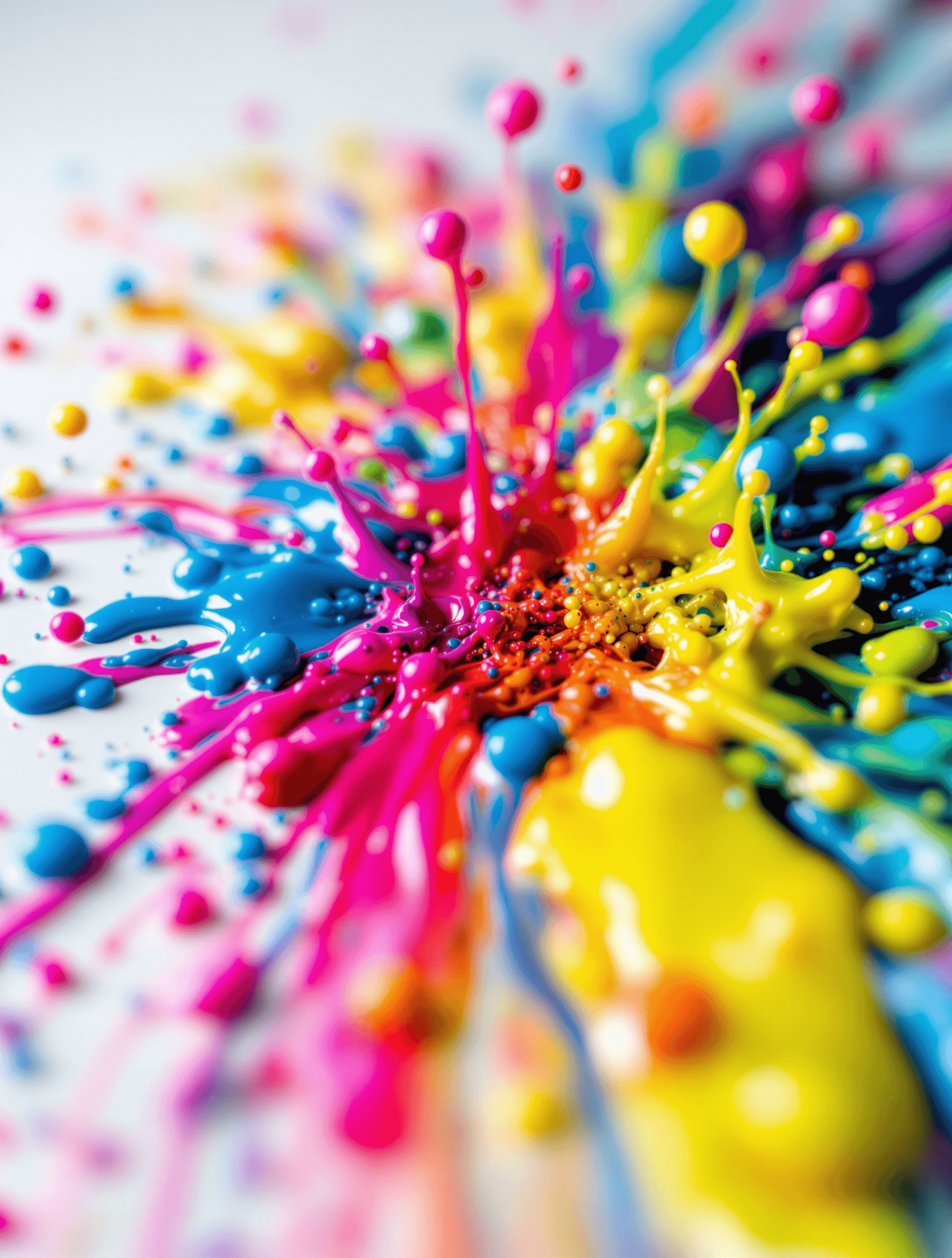 AI generated: A high-detail macro photograph of vibrant, colorful paint splatter on a smooth surface. The image ca...