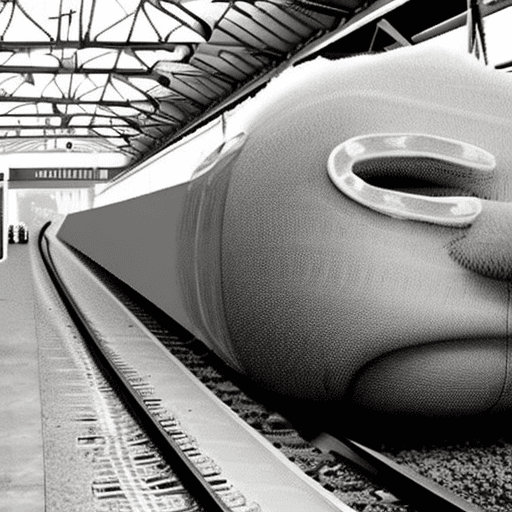 AI generated: A giant colorless monster made of fused bodies crawling through a barren train station