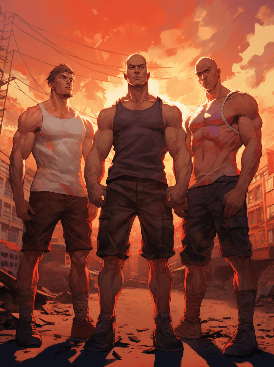 AI generated: Four men standing in front of a city looking like they are working out, in the style of devilcore, i...