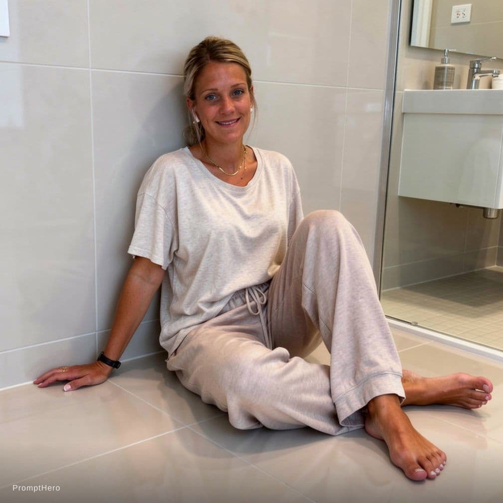 AI generated:  sitting on bathroom floor,  bating