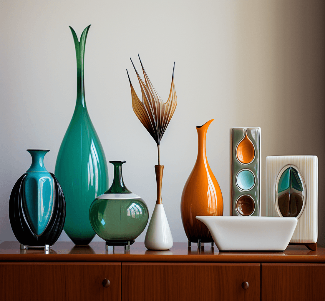 AI generated: glass vases on a white dresser, in the style of dark amber and azure, midcentury modern, avian-theme...