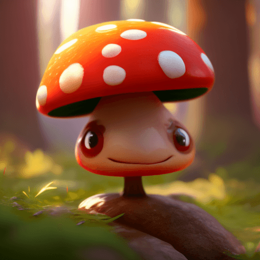 AI generated: cute little character like mushroom in forest, happy and smiling, big cute eyes, ambient light cinem...