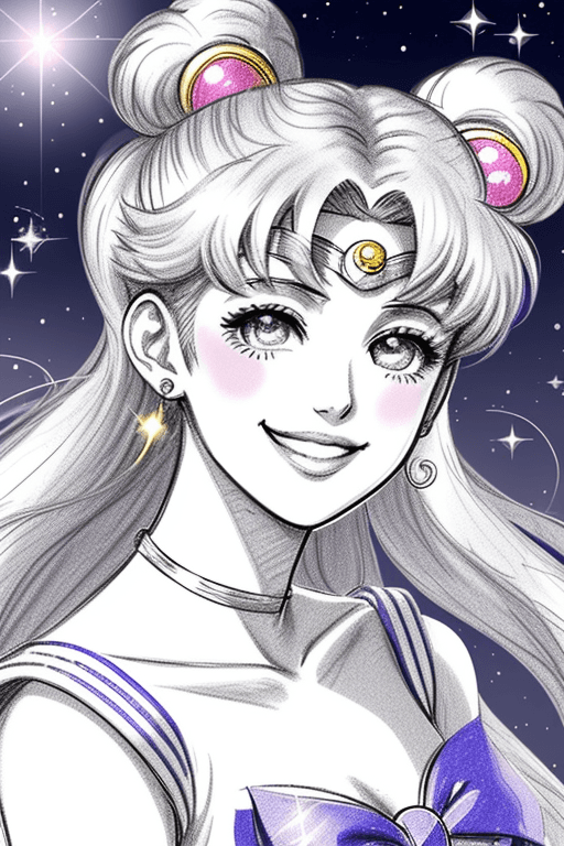 AI generated: sailor moon smiling sketch, silver background, bright sparkles