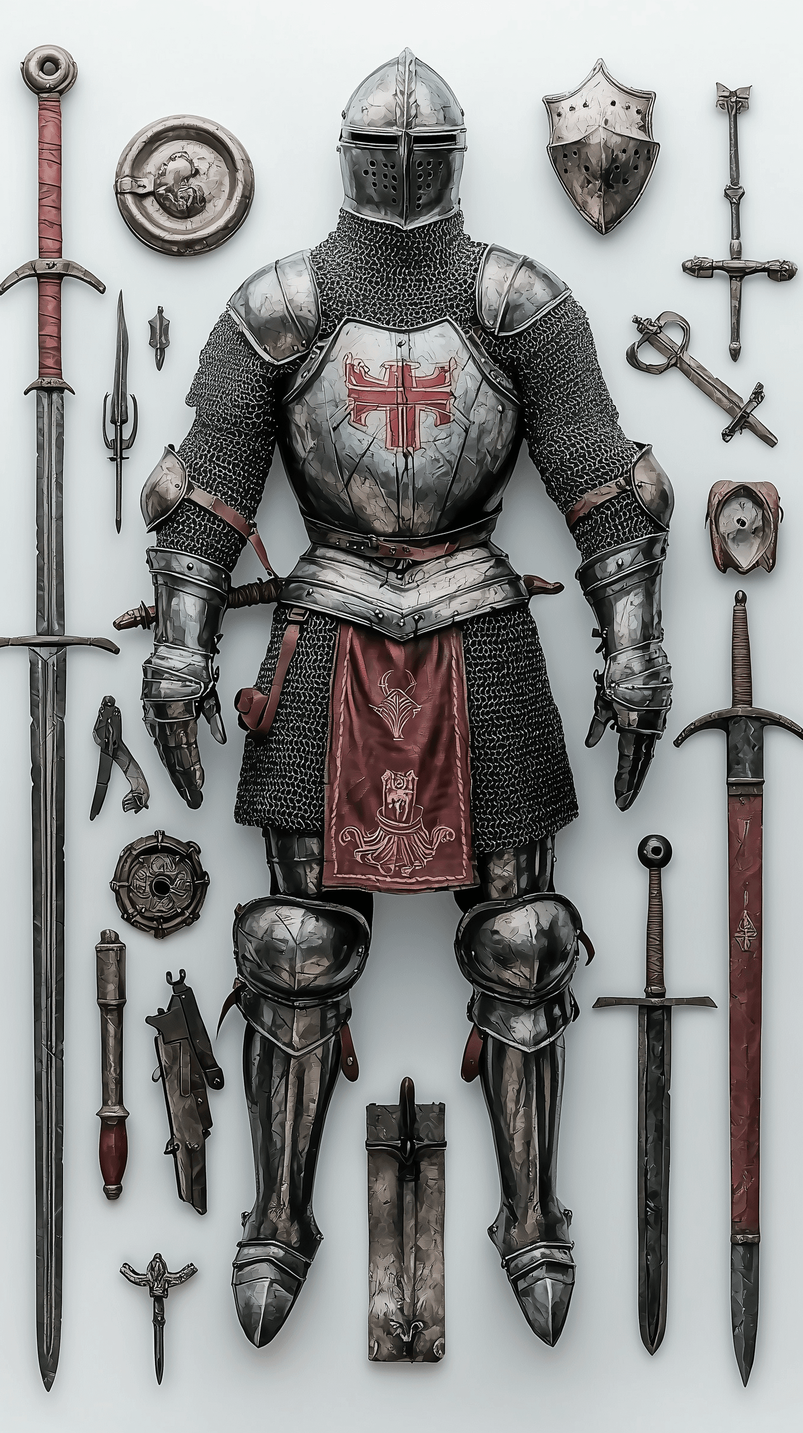 AI generated: plastic model kit style image featuring a medieval knight with armor and weapons, arranged in a spru...