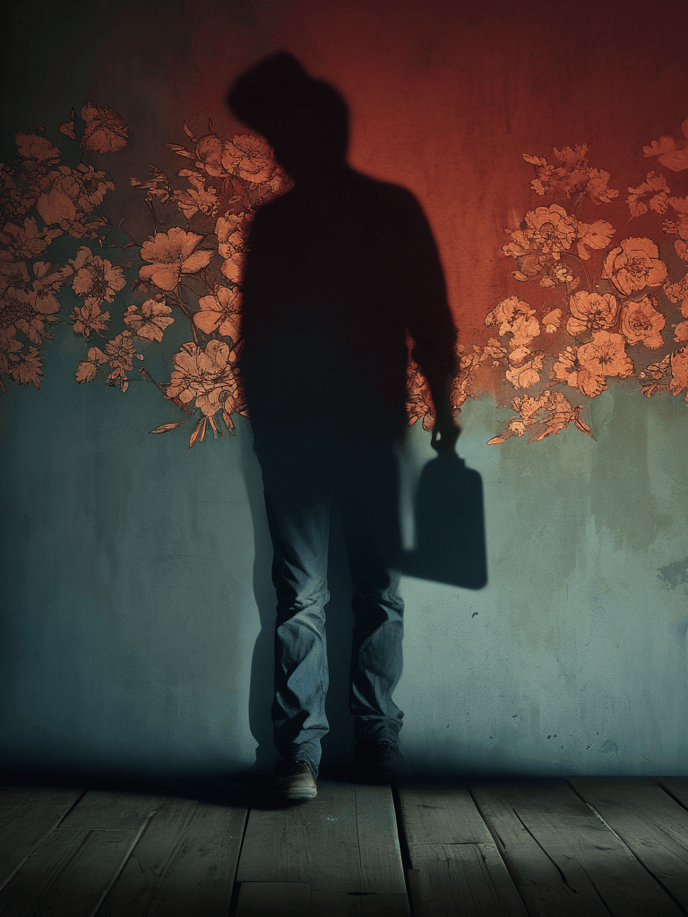 AI generated: (A moody, cinematic shot:1.4) of a shadowy figure standing against a faded, vintage wallpaper adorne...
